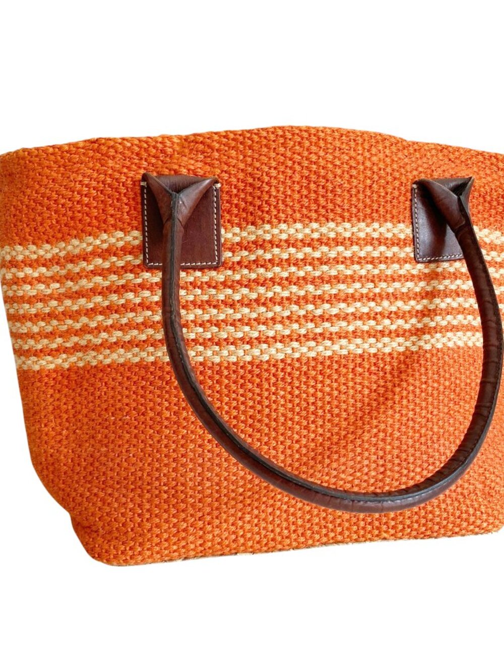 Vtg GAP Orange Straw Jute Bag Farmers Market Tote Leather Straps Striped - Picture 3 of 10